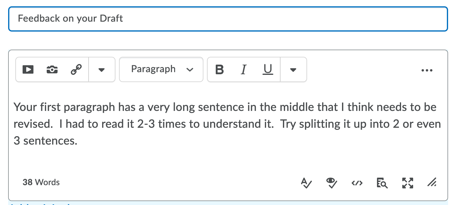 Example of a reply to an online discussion post, giving feedback about the length of a sentence that should be revised.