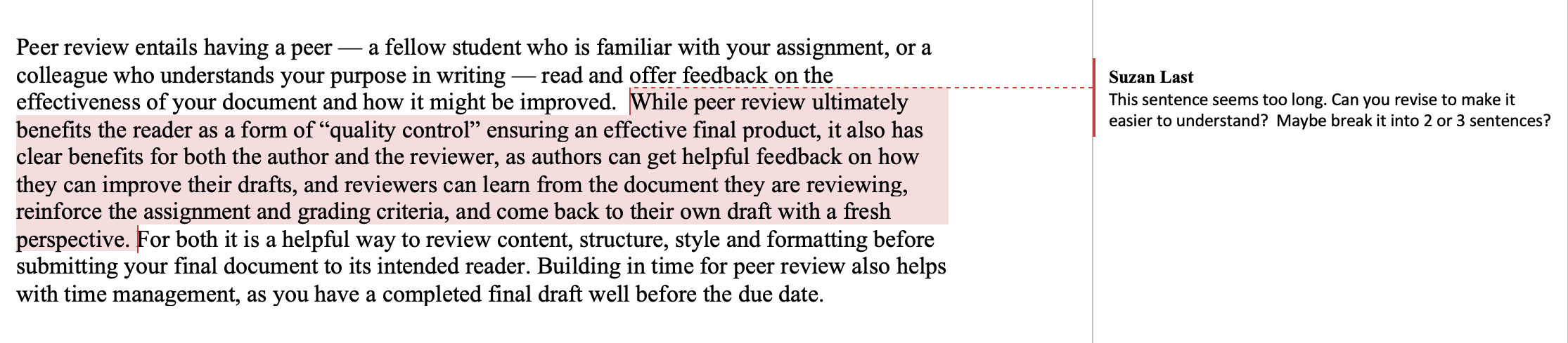 Example of feedback that uses the "insert comments" function in MS Word.
