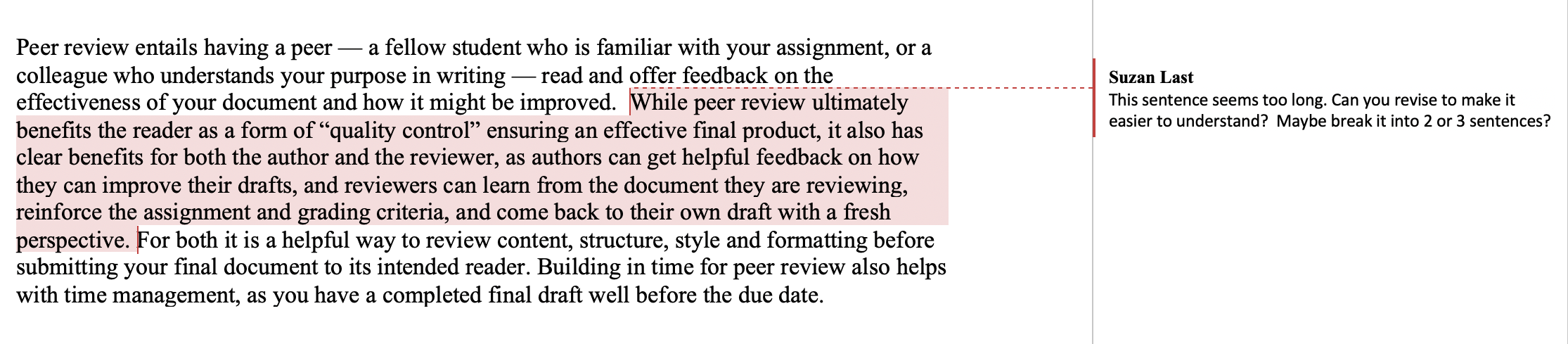 Example of feedback that uses the "insert comments" function in MS Word. 