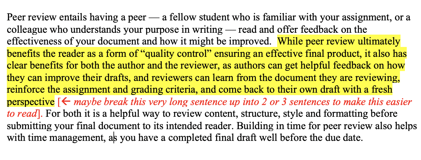 Example of inline comments, where the author's sentence is highlighted in yellow, and the review adds a comment in red suggesting a revision.