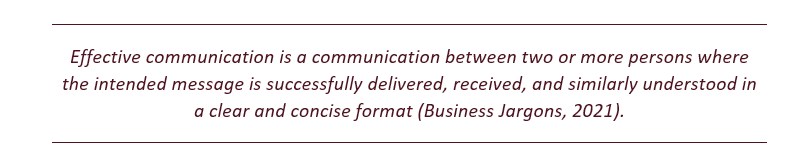 Effective communication it's a communication between two or more persons where the intended message is successfully delivered, received, and similarly understood in a clear and concise format (Business Jargons, 2021).