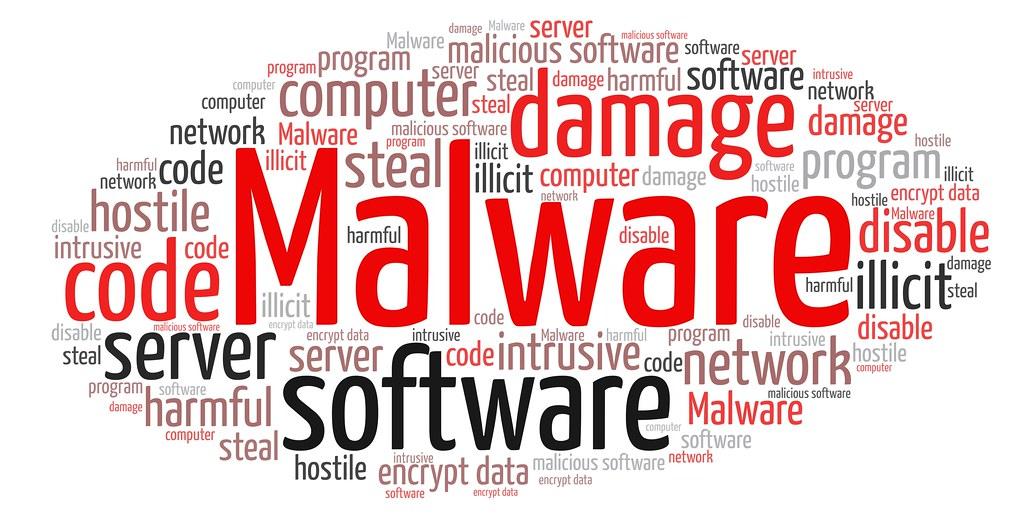 A word cloud with "Malware" appearing very large in the middle. Other words include damage, computer, code, hostile, and steal.