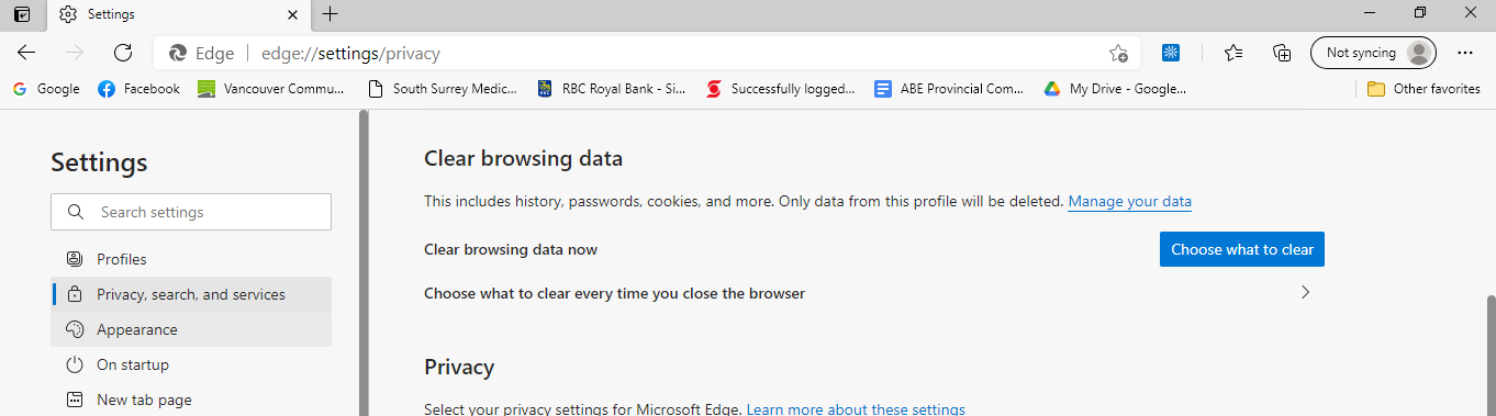 A screen capture of the settings for Microsoft Edge where History and Cookies can be cleared