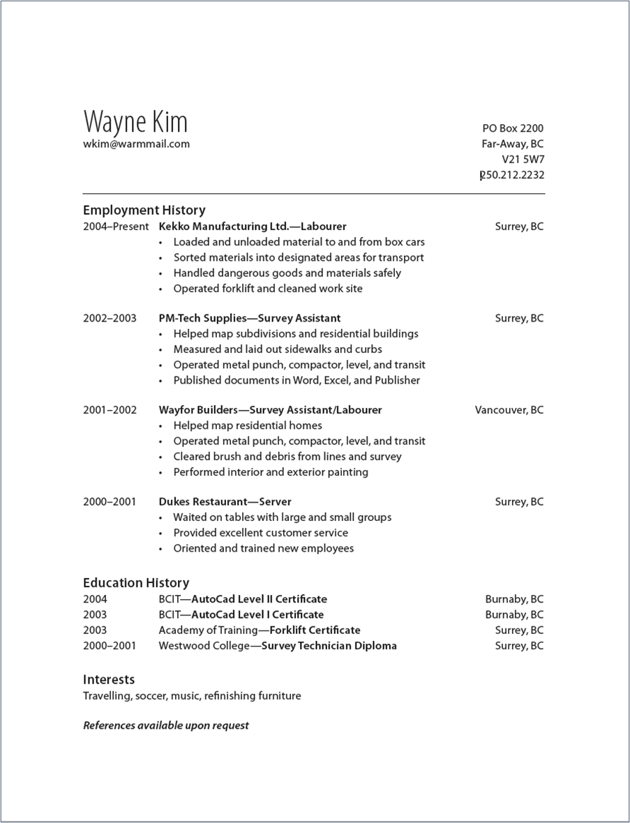 A résumé with employment experience and education listed in reverse chronological order.
