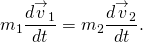 \[{m}_{1}\frac{d{\overset{\to }{v}}_{1}}{dt}=\text{−}{m}_{2}\frac{d{\overset{\to }{v}}_{2}}{dt}.\]