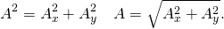 \[{A}^{2}={A}_{x}^{2}+{A}_{y}^{2}\enspace⇔\enspace{A}=\sqrt{{A}_{x}^{2}+{A}_{y}^{2}}.\]