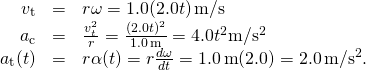 \[\begin{array}{ccc}\hfill {v}_{\text{t}}& =\hfill & r\omega =1.0(2.0t)\,\text{m/s}\hfill \\ \hfill {a}_{\text{c}}& =\hfill & \frac{{v}_{t}^{2}}{r}=\frac{{(2.0t)}^{2}}{1.0\,\text{m}}=4.0{t}^{2}\text{m}\text{/}{\text{s}}^{2}\hfill \\ \hfill {a}_{\text{t}}(t)& =\hfill & r\alpha (t)=r\frac{d\omega }{dt}=1.0\,\text{m}(2.0)=2.0\,\text{m}\text{/}{\text{s}}^{2}.\hfill \end{array}\]