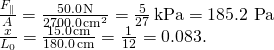 \[\begin{array}{c}\frac{{F}_{\parallel }}{A}=\frac{50.0\,\text{N}}{2700.0\,{\text{cm}}^{2}}=\frac{5}{27}\,\text{kPa}=\text{185.2 Pa}\hfill \\ \frac{\text{Δ}x}{{L}_{0}}=\frac{15.0\,\text{cm}}{180.0\,\text{cm}}=\frac{1}{12}=0.083.\hfill \end{array}\]