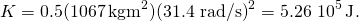 \[K=0.5(1067\,\text{kg}·{\text{m}}^{2}){\text{(31.4 rad/s)}}^{2}=5.26\,×\,{10}^{5}\,\text{J}\text{.}\]