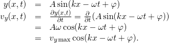 \[\begin{array}{ccc}\hfill y(x,t)& =\hfill & A\,\text{sin}(kx-\omega t+\varphi )\hfill \\ \hfill {v}_{y}(x,t)& =\hfill & \frac{\partial y(x,t)}{\partial t}=\frac{\partial }{\partial t}(A\,\text{sin}(kx-\omega t+\varphi ))\hfill \\ & =\hfill & \text{−}A\omega \,\text{cos}(kx-\omega t+\varphi )\hfill \\ & =\hfill & \text{−}{v}_{y\,\text{max}}\,\text{cos}(kx-\omega t+\varphi ).\hfill \end{array}\]