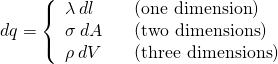 Rendered by QuickLaTeX.com dq=\left\{\begin{array}{ccc}\lambda \phantom{\rule{0.2em}{0ex}}dl\hfill & & \left(\text{one dimension}\right)\hfill \\ \sigma \phantom{\rule{0.2em}{0ex}}dA\hfill & & \left(\text{two dimensions}\right)\hfill \\ \rho \phantom{\rule{0.2em}{0ex}}dV\hfill & & \left(\text{three dimensions}\right)\hfill \end{array}