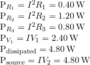 \begin{array}{}\\ \\ {P}_{{R}_{1}}={I}^{2}{R}_{1}=0.40\phantom{\rule{0.2em}{0ex}}\text{W}\hfill \\ {P}_{{R}_{2}}={I}^{2}{R}_{2}=1.20\phantom{\rule{0.2em}{0ex}}\text{W}\hfill \\ {P}_{{R}_{3}}={I}^{2}{R}_{3}=0.80\phantom{\rule{0.2em}{0ex}}\text{W}\hfill \\ {P}_{{V}_{1}}=I{V}_{1}=2.40\phantom{\rule{0.2em}{0ex}}\text{W}\hfill \\ {P}_{\text{dissipated}}=4.80\phantom{\rule{0.2em}{0ex}}\text{W}\hfill \\ {P}_{\text{source}}=I{V}_{2}=4.80\phantom{\rule{0.2em}{0ex}}\text{W}\hfill \end{array}