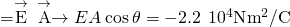 \text{Φ}=\stackrel{\to }{\text{E}}·\stackrel{\to }{\text{A}}\to EA\phantom{\rule{0.2em}{0ex}}\text{cos}\phantom{\rule{0.2em}{0ex}}\theta =-2.2\phantom{\rule{0.2em}{0ex}}×\phantom{\rule{0.2em}{0ex}}{10}^{4}\text{N}·{\text{m}}^{2}\text{/}\text{C}