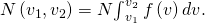 N\left({v}_{1},{v}_{2}\right)=N{\int }_{{v}_{1}}^{{v}_{2}}\phantom{\rule{0.2em}{0ex}}f\left(v\right)dv.