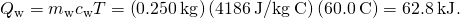 {Q}_{\text{w}}={m}_{\text{w}}{c}_{\text{w}}\text{Δ}T=\left(0.250\phantom{\rule{0.2em}{0ex}}\text{kg}\right)\left(4186\phantom{\rule{0.2em}{0ex}}\text{J/kg}\phantom{\rule{0.2em}{0ex}}\text{°}\text{C}\right)\left(60.0\phantom{\rule{0.2em}{0ex}}\text{°}\text{C}\right)=62.8\phantom{\rule{0.2em}{0ex}}\text{kJ}.