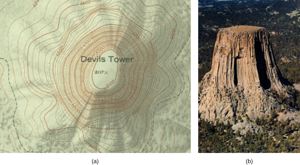 Part a shows the top view photo of topographical lines of Devil’s Tower in Wyoming and part b shows the side view of the Tower.