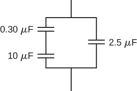 Figure shows capacitors of value 0.3 micro Farad and 10 micro Farad connected in series with each other. These are connected in parallel with a capacitor of value 2.5 micro Farad.