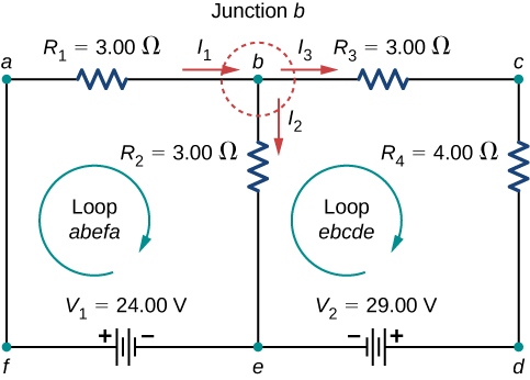 The figure shows a circuit with two loops consisting of two horizontal branches and three vertical branches. The first horizontal branch has two resistors of 3 Ω each and the second branch has two voltage sources of 24 V with positive terminal on the left and 29 V with positive terminal on the right. The left vertical branch is directly connected, the middle branch has a resistance of 3 Ω and the right branch has a resistance of 4 Ω.