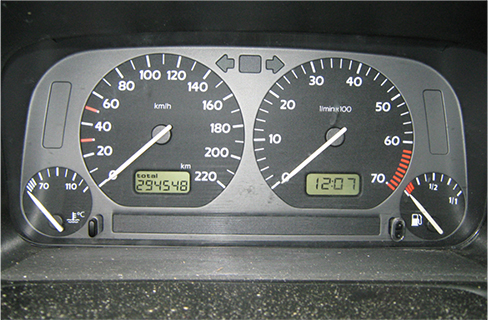 The figure shows photo of fuel and temperature gauges.