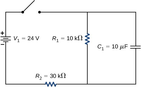 The positive terminal of voltage source V subscript 1 of 24 V is connected to an open switch. The other end of the switch is connected to two parallel branches, one with resistor R subscript 1 of 10 kΩ and other with capacitor C of 10 μF. The two branches are connected to source V subscript 1 through resistor R subscript 2 of 30 kΩ.