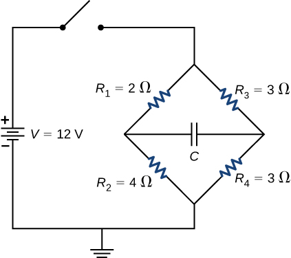 The positive terminal of voltage source V of 12 V is connected to an open switch. The other end of the switch is connected to two parallel branches. The first branch has resistors R subscript 2 of 2 Ω and R subscript 2 of 4 Ω. The second branch has resistors R subscript 3 of 3 Ω and R subscript 4 of 3 Ω. The two branches are connected in the middle using capacitor C. The other ends of the branches are grounded.