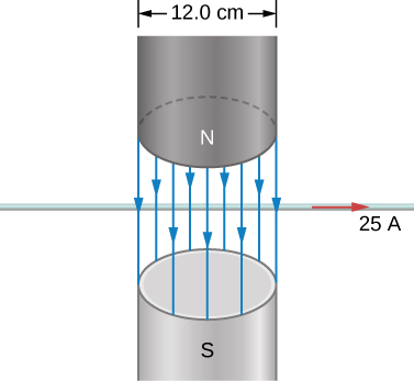 The field in the vertical gap of an electromagnet points down. The gap is 12.0 cm wide. A horizontal wire passes through the gap and carries a current of 25 A, flowing to the right.