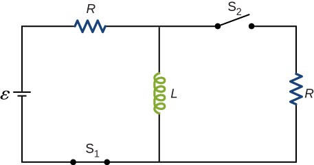 Figure shows a circuit with R and L connected in series with battery epsilon through closed switch S. L is connected in parallel with another resistor R through open switch S2.