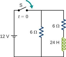 A 12 volt battery is connected to a 6 ohm resistor and a switch S, which is open at time t=0. Connected in parallel with the 6 ohm resistor are another 6 ohm resistor and a 24 Henry inductor.