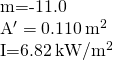 \begin{array}{}\\ \\ m=-11.0\hfill \\ {A}^{\prime }=0.110\phantom{\rule{0.2em}{0ex}}{\text{m}}^{2}\hfill \\ I=6.82\phantom{\rule{0.2em}{0ex}}{\text{kW/m}}^{2}\hfill \end{array}