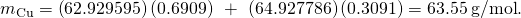 {m}_{\text{Cu}}=\left(62.929595\right)\left(0.6909\right)\phantom{\rule{0.2em}{0ex}}+\phantom{\rule{0.2em}{0ex}}\left(64.927786\right)\left(0.3091\right)=63.55\phantom{\rule{0.2em}{0ex}}\text{g/mol}.