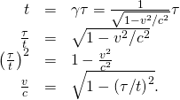 \begin{array}{ccc}\hfill \text{Δ}t& =\hfill & \gamma \text{Δ}\tau =\frac{1}{\sqrt{1-{v}^{2}\text{/}{c}^{2}}}\text{Δ}\tau \hfill \\ \hfill \frac{\text{Δ}\tau }{\text{Δ}t}& =\hfill & \sqrt{1-{v}^{2}\text{/}{c}^{2}}\hfill \\ \hfill {\left(\frac{\text{Δ}\tau }{\text{Δ}t}\right)}^{2}& =\hfill & 1-\frac{{v}^{2}}{{c}^{2}}\hfill \\ \hfill \frac{v}{c}& =\hfill & \sqrt{1-{\left(\text{Δ}\tau \text{/}\text{Δ}t\right)}^{2}}.\hfill \end{array}