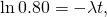 \text{ln}\phantom{\rule{0.2em}{0ex}}0.80=-\lambda t,