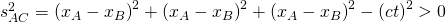 Rendered by QuickLaTeX.com \text{Δ}{s}_{AC}^{2}={\left({x}_{A}-{x}_{B}\right)}^{2}+{\left({x}_{A}-{x}_{B}\right)}^{2}+{\left({x}_{A}-{x}_{B}\right)}^{2}-{\left(c\text{Δ}t\right)}^{2}>0