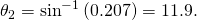 Rendered by QuickLaTeX.com {\theta }_{2}={\text{sin}}^{-1}\left(0.207\right)=11.9\text{°}.