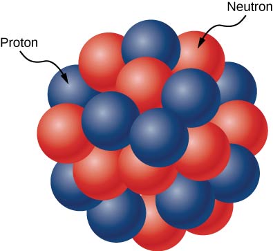 The figure shows a cluster of red and blue spheres packed closely together. The red spheres are labeled neutrons and the blue ones protons.