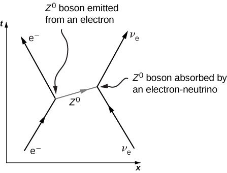 Figure is a graph of t versus x. An arrow labeled e minus goes up and right and meets the base of another arrow labeled e minus going up and left. The junction is labeled z0 boson emitted from an electron. To the right of this is an arrow going up and left. The tip meets the base of another arrow going up and right. Both these are labeled v subscript e and the junction is labeled z0 boson absorbed by an electron neutrino. The two junctions on the graph are connected by a ray labeled z0. This points right and slightly up.