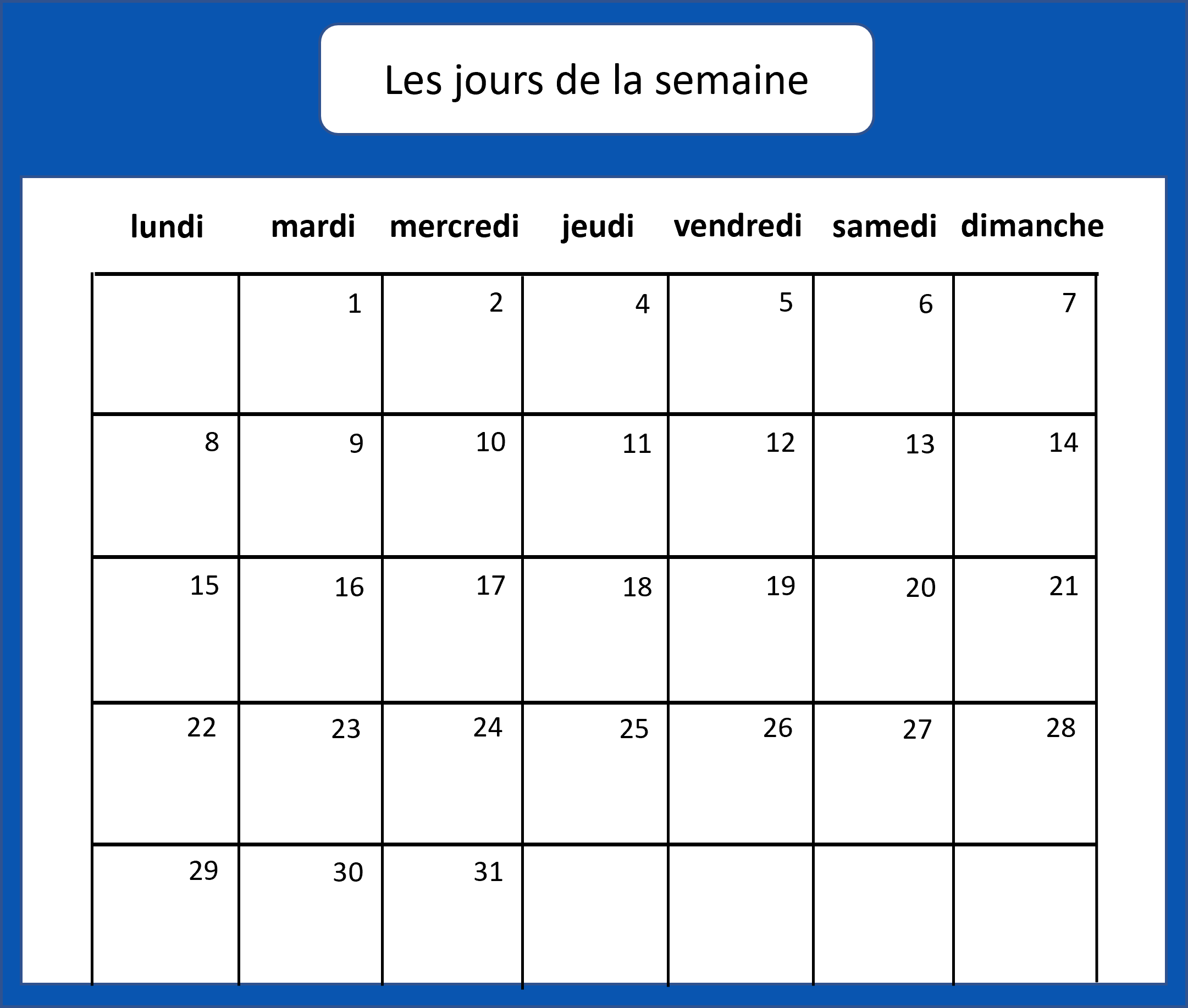 A calendar showing the days of the week in French.