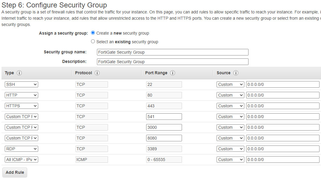 Change to FortiGate Security Group and add RDP and ICMP to the SG