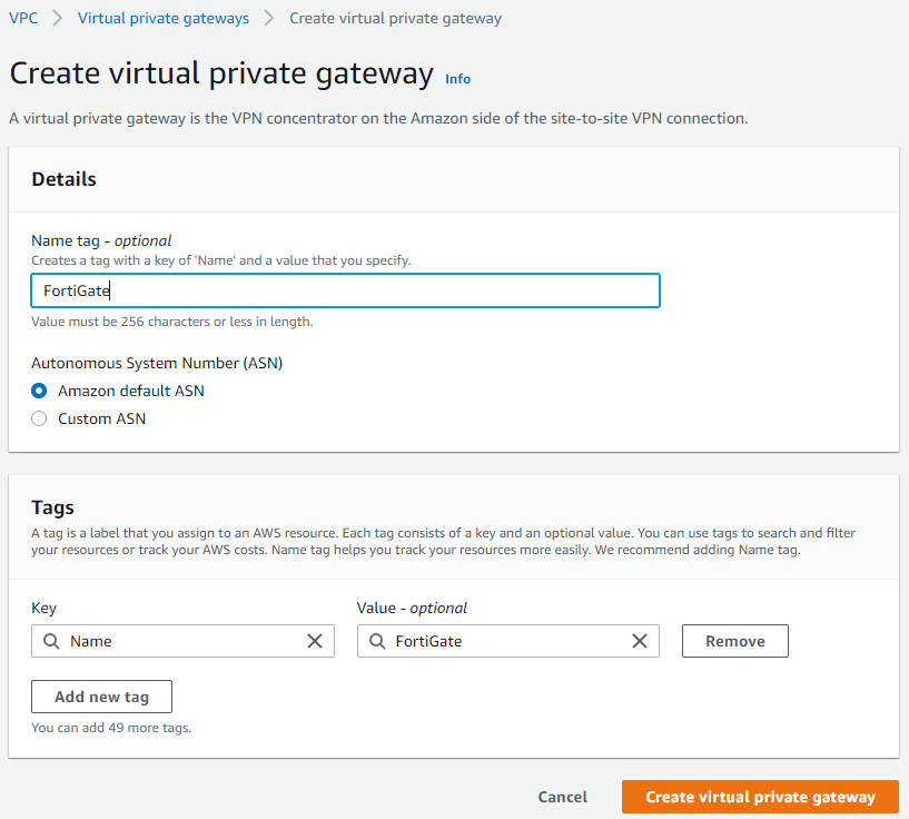 Step2-Create a Virtual Private Gateway on FortiGate