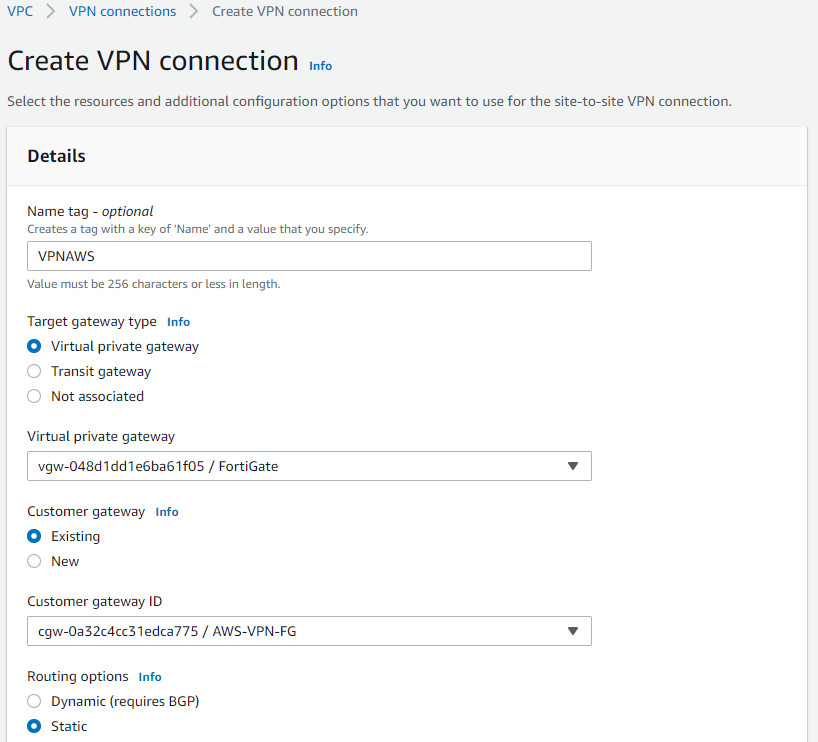 Step2-Create a Site-To-Site VPN connection with FortiGate
