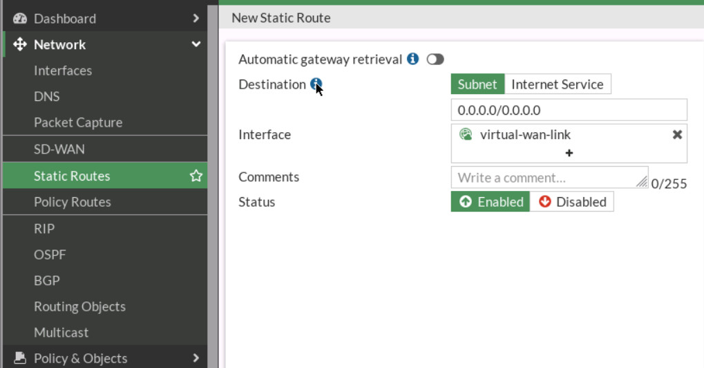 Create a static route to SDWAN