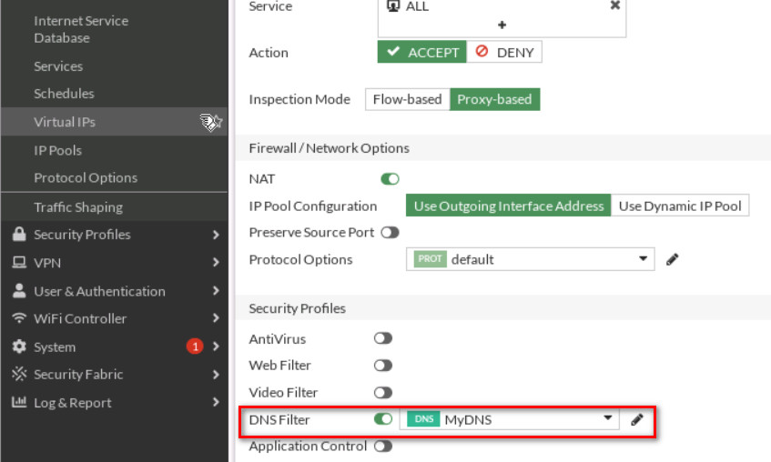 Assign DNS Filter Profile to Firewall Policy