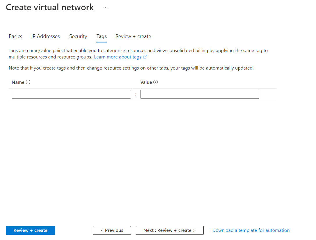 Step4- create a virtual network - Creating a Tag