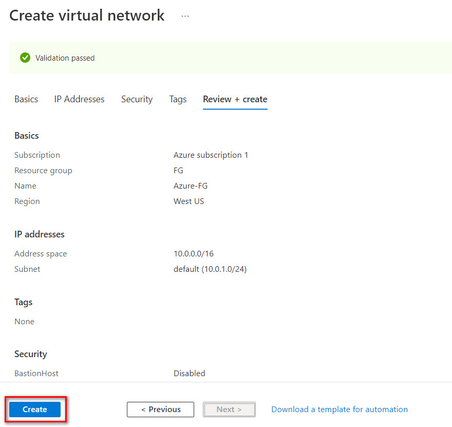 Step5- create a virtual network "Review + Create"