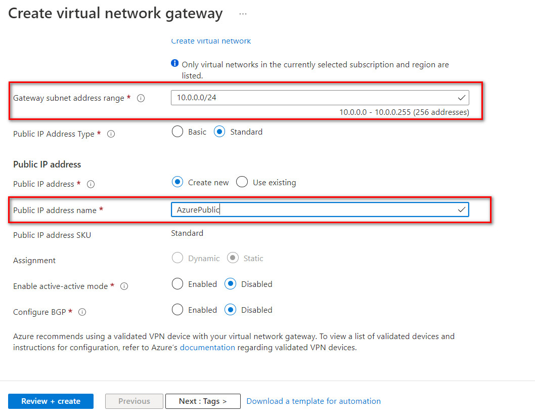 Step3- create a virtual network gateway - Gateway subnet and Public IP address