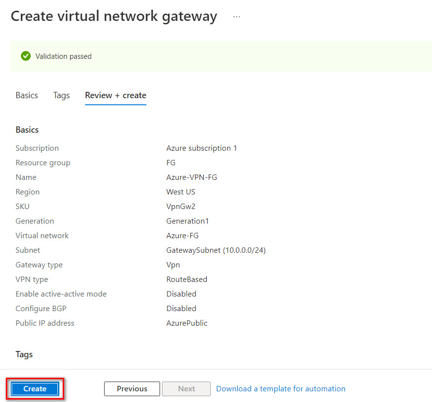 Step 4- create a virtual network gateway (review + create)