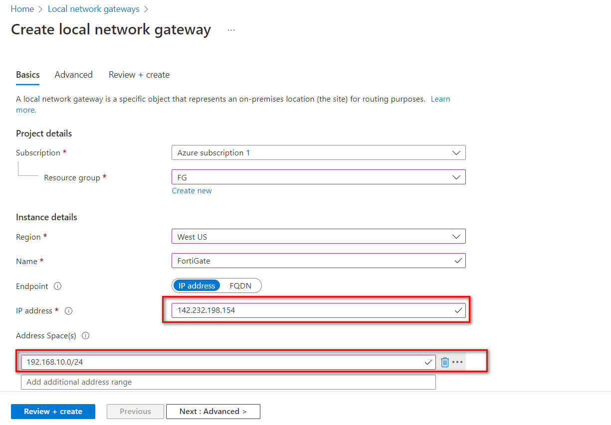 Step 2- create a local network gateway- IP Address, Region and Name