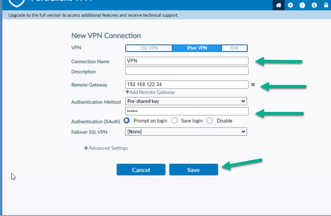 Configure FortiClient Remote Gateway and Pre-shared key