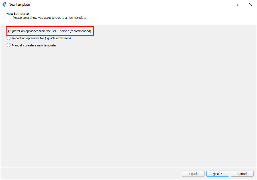 Select &quot;Install an appliance from the GNS3 server&quot;