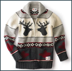 A Hudson’s Bay sweater designed in the Cowichan sweater style. It has a moose head on each side of the chest and maple leaves on the pockets and sleeves.